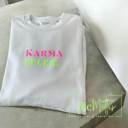 Statement Damensweatshirt Flieder Pastell mit pink/grün Karma rules, Damenpullover Lavendel NEON, Oversize damenhoodie NEON ,karme Pulli